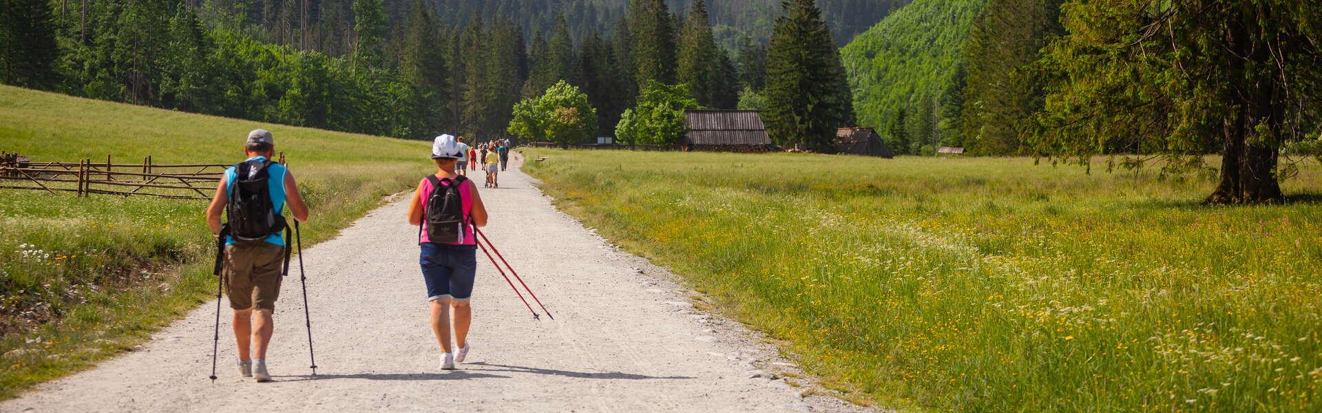 Kobieta i mężczyzna spacerujący po szlaku. W rękach trzymają kilki do nordic walking. W tle widać zbocza gór porośnięte drzewami.